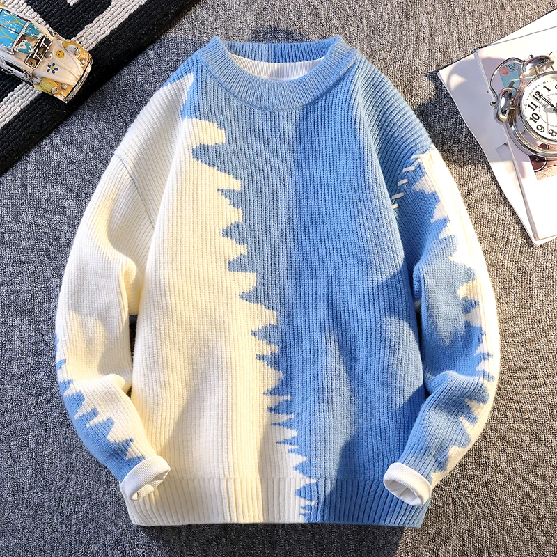 

Корейский модный мужской свитер с цветными блоками, большой вязаный пуловер, мягкая удобная уличная одежда, повседневный осенний теплый свитер