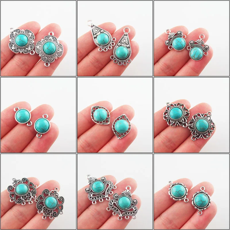 Retro Tibetan Silver Plated Teardrop Flower Eye Heart 10mm Round Turquoise Stone Charms Pendant Connectors