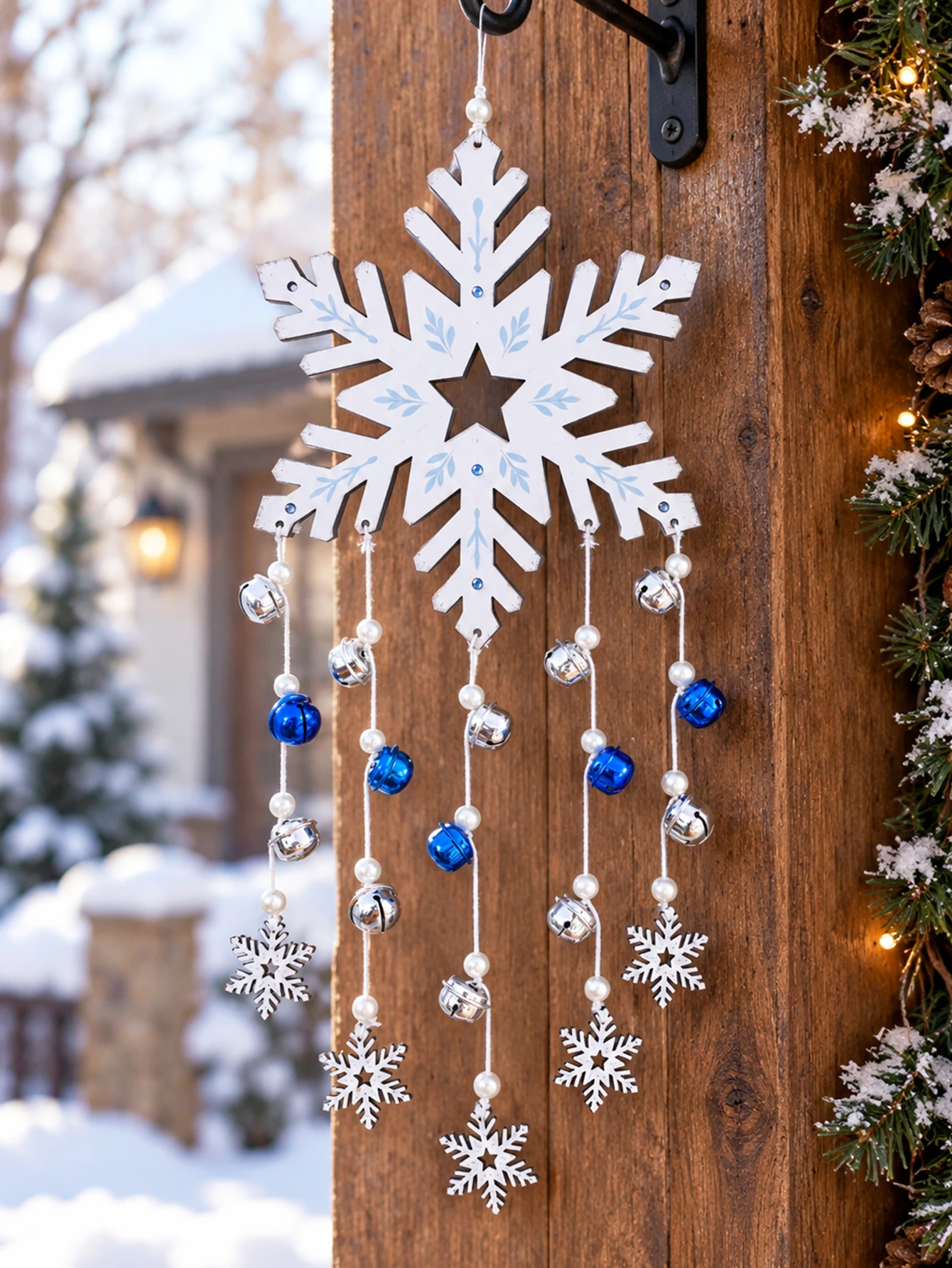 Snowflake Hanging Decor with Jingle Bells Pearl Beads Winter Farmhouse Door Window Pendant Xmas Wall Hanging Ornament for Party