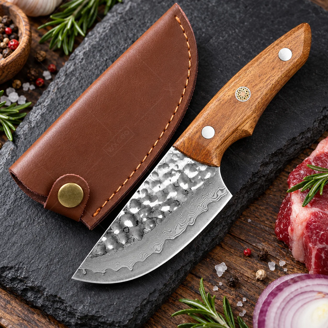 WXCOO 67 Layer Damascus Steel Cleaver Knife Meat Fish Sushi Steak BBQ Boning Wooden Handle Leather Sheath for Home Cooking