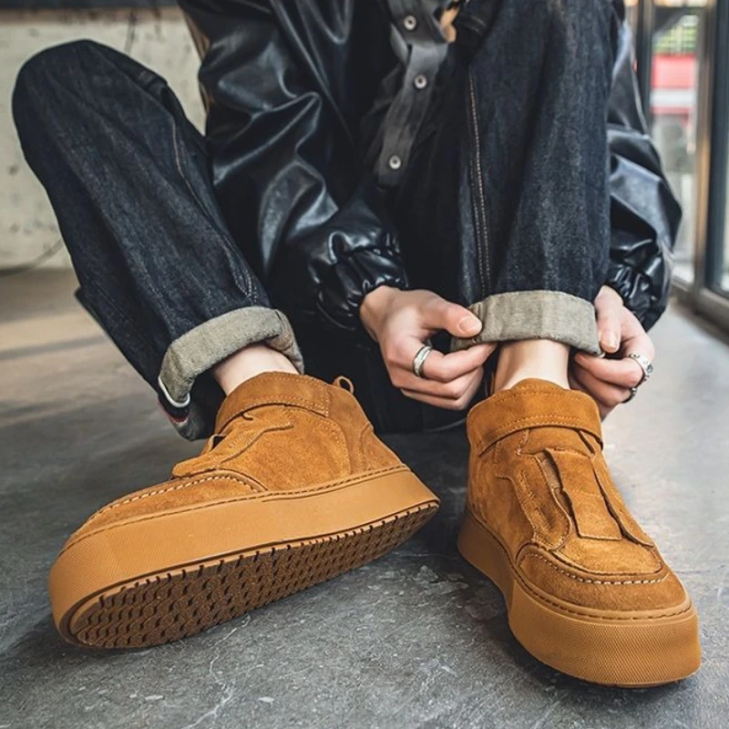 

Мужские высокие весенние модные спортивные туфли на липучке в стиле ретро, однотонные минималистичные универсальные повседневные кроссовки среднего размера в корейском стиле