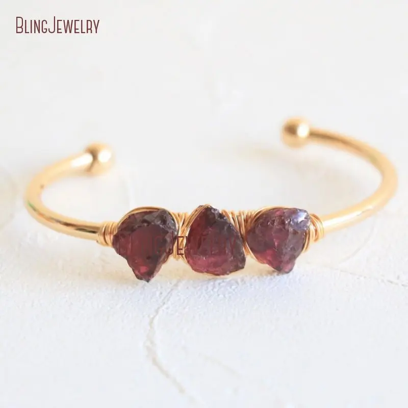 Raw Garnets Crystal Bangle Bracelet Bridesmaid Gift Quartz January Birthstone Gold Color Jewelry Stainless Steel Cuff