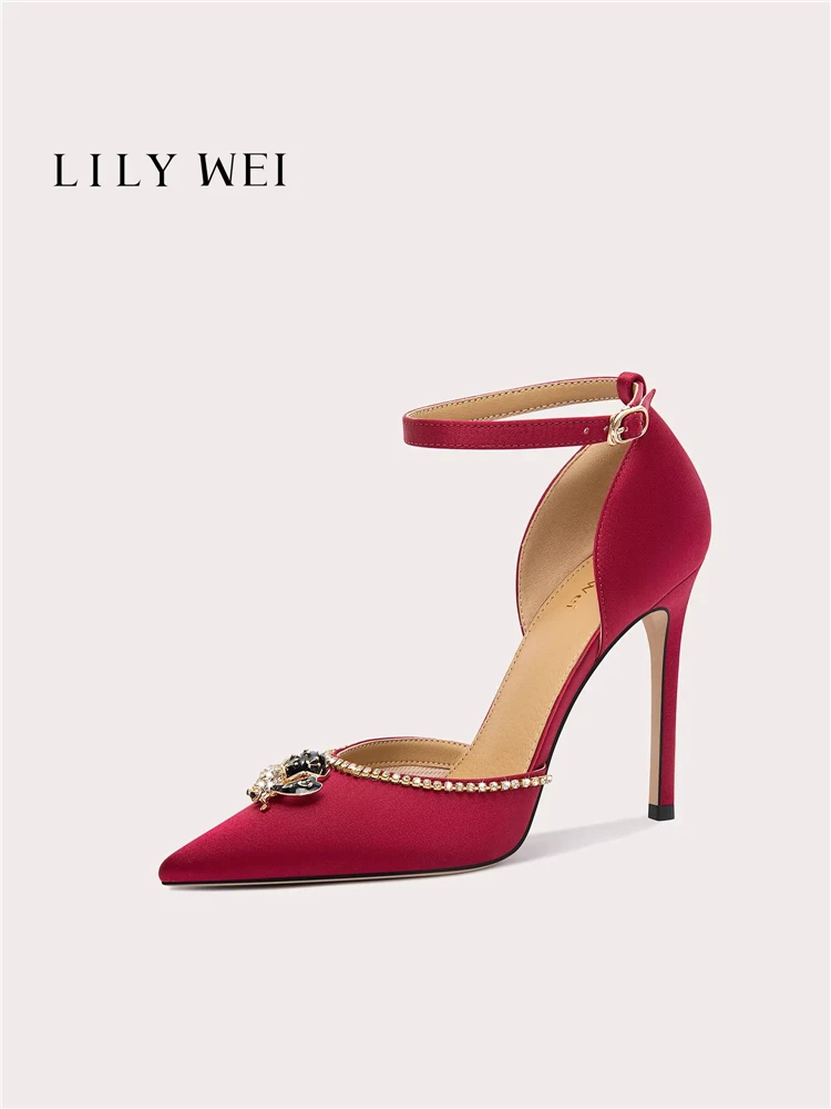 

Spring and summer pointed toe hollow satin rhinestone sandals banquet large size small size wide version high-heeled women shoes