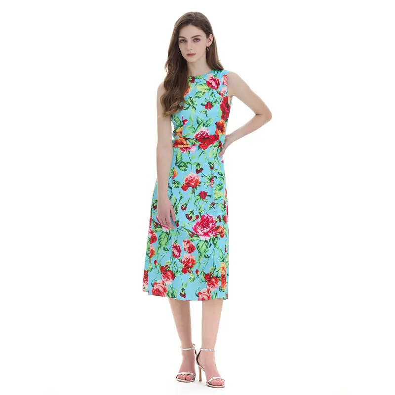 فستان بطبعة وردية بتصميم A-Line، خصر مرتفع، تنورة ميدي بتصميم مظلة، أنيق، بدون أكمام، من ألياف البوليستر، برقبة مستديرة.