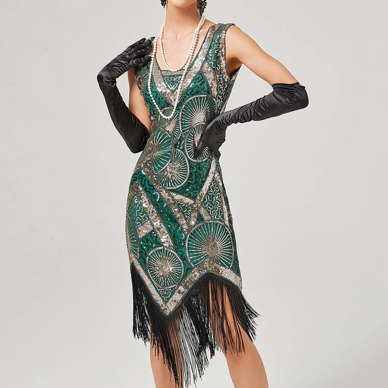 Vintage Sequin Beaded Art Deco Flapper Dresses 20s Great Gatsby Party Fringe Dress V-Neck Sleeveless Embroidery Midi Dress