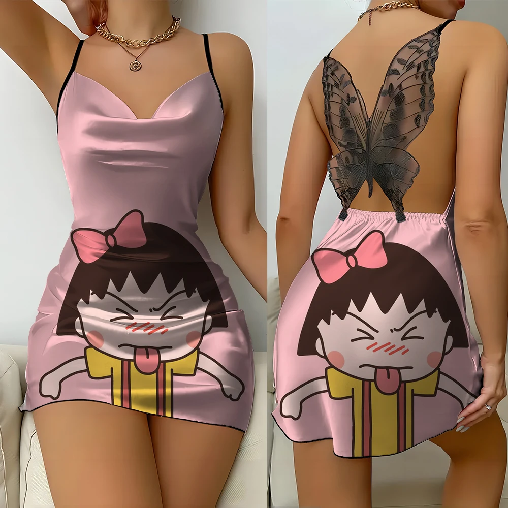 Backless women's dress Silk Maruko Anime surface Party dress Butterfly decorated pyjamas Tight mini skirt women's dress