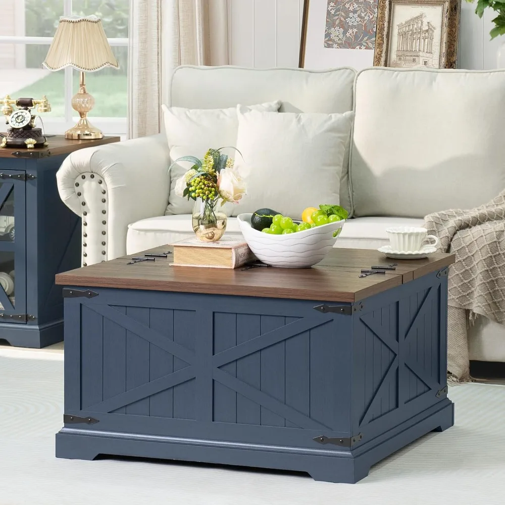 Farmhouse Coffee Table with Large Hidden Storage Compartment, Navy Blue Square Center Table, Wood Rustic