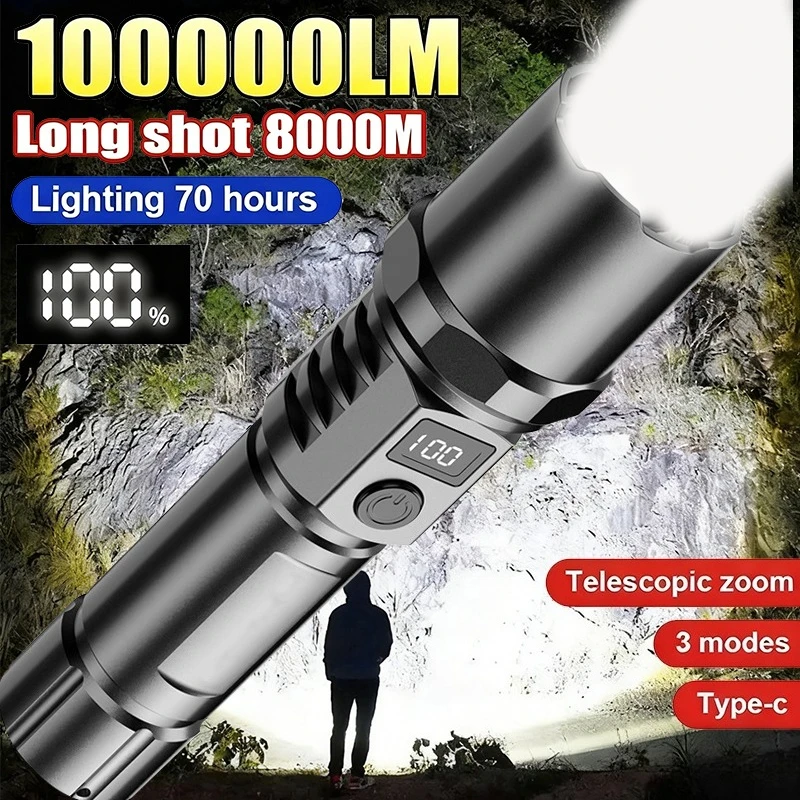 Powerful Led Handheld Flashlight Portable Rechargeable Telescopic Zoom Waterproof Emergency Light for Outdoor Camping Cycling