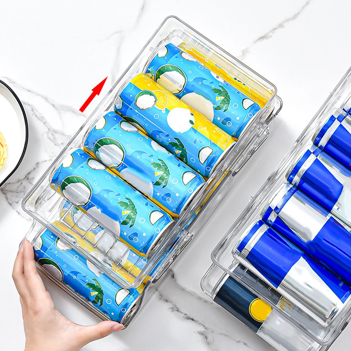 Refrigerator Drink Storage Box  2-layers Self-rolling Plastic Fridge Beer Can Beverage Organizer Soda Bottle Jar Rack Kitchen