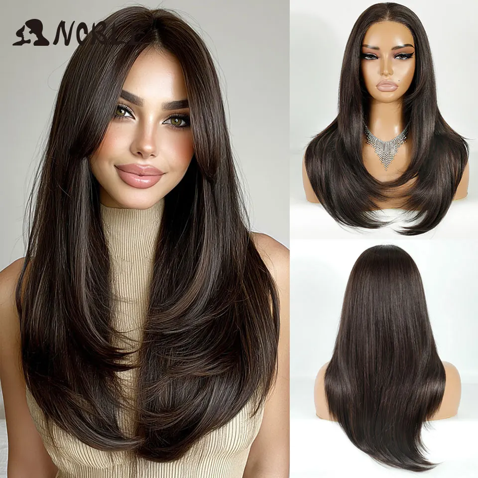 

Синтетические парики Noble с кружевной передней частью для женщин, 13x3, прямые, с предварительно выщипанными волосами, многослойные, омбре, блонд, коричневый, для косплея