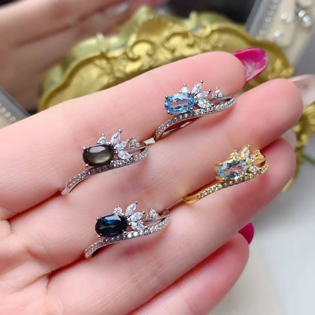 

Real 925 Silver Gemstone Ring 4mm*6mm Natural Topaz Aquamarine Star Light Sapphire Ring with Thick 18K Gold Plating Keep Shining
