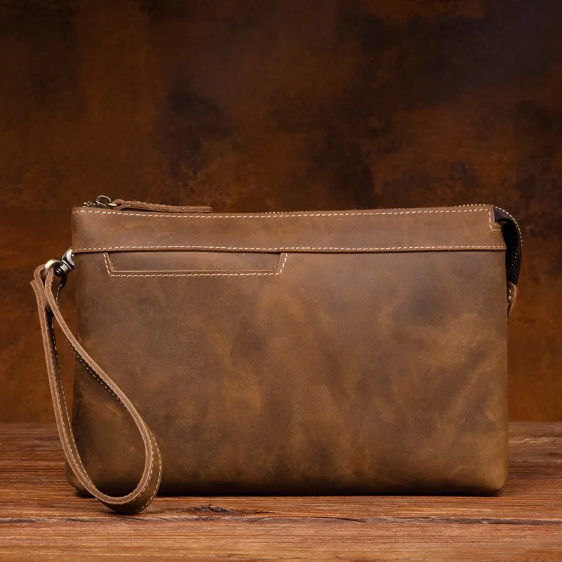 Crazy horse leather business clutch bag retro first layer cowhide men's casual handbag light coin purse.