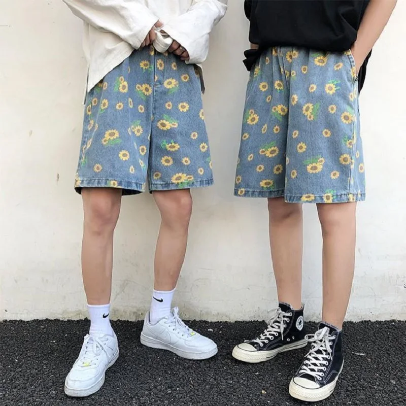 Y2k Fashion Casual Little Daisy Printe Denim Shorts Men Summer Super Hot Five Quarter Pants Wear Loose Casual Beach Pants Trend