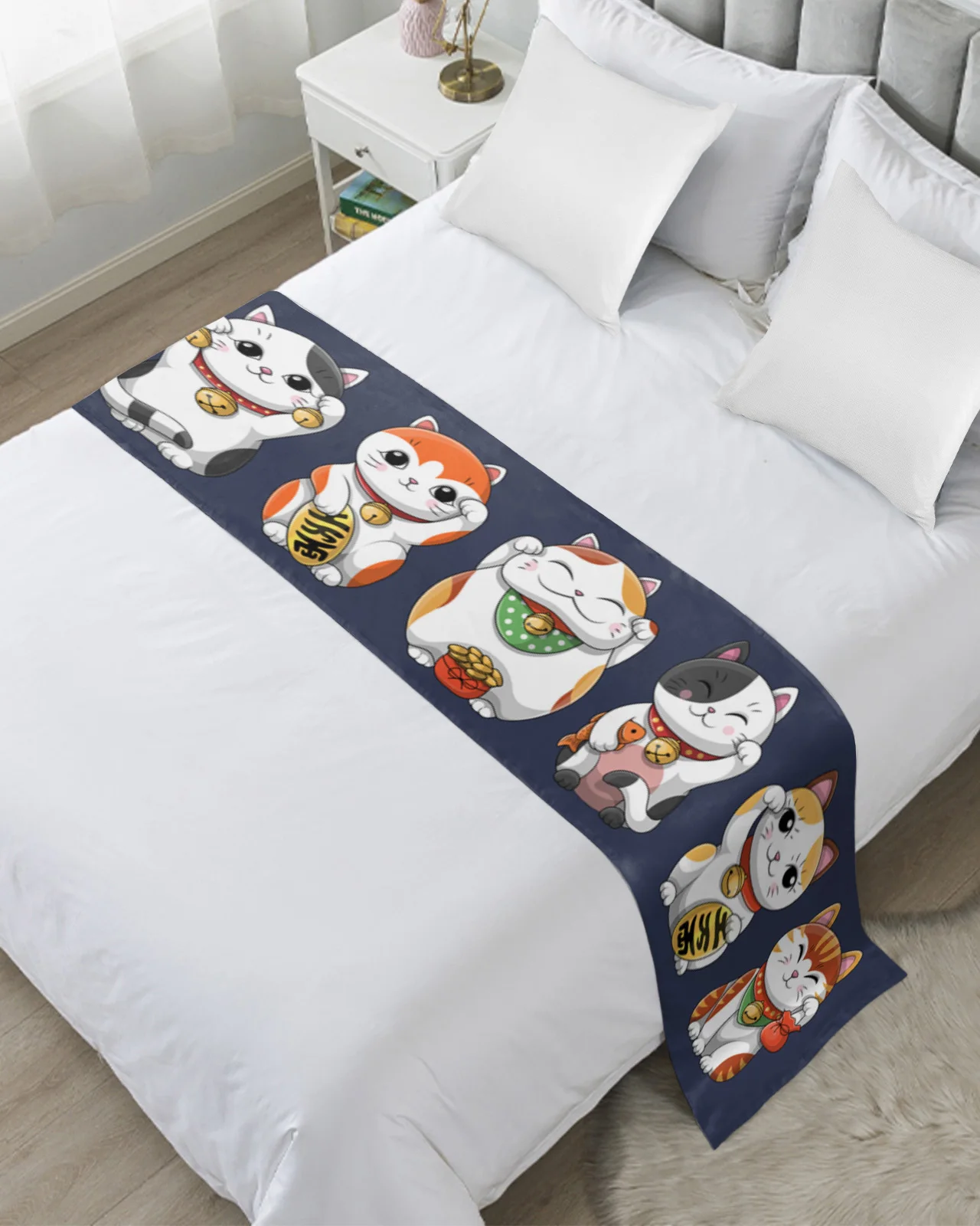 Qifu Lucky Cat Blue High Quality Bed Flag Hotel Cupboard Table Runner Parlor Wedding Home Decor Bed Runner