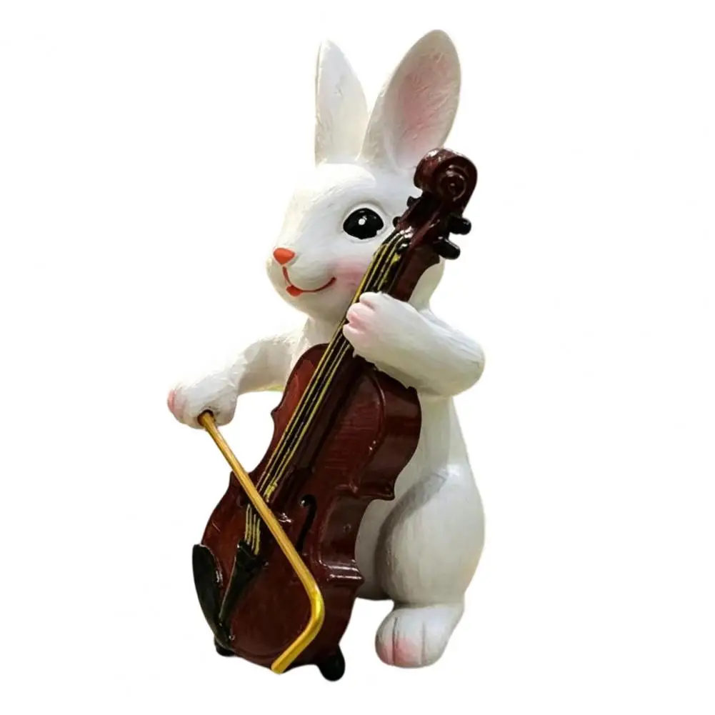 Violin Playing Bunny Cute Rabbit Playing Violin Figurine Hand Painted Synthetic Resin Sculpture Realistic Ornament for Garden