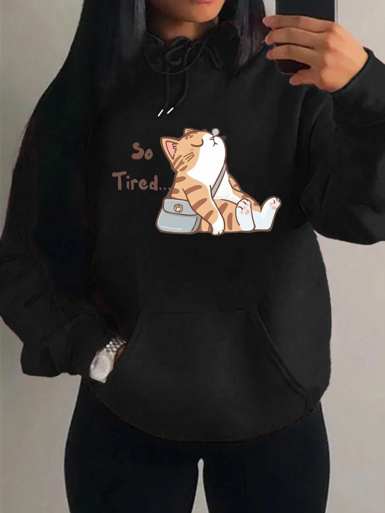 The Abstract Cat Is Too Tired Pattern Hoodies Female Hip Hop Personality Hoody Fashion Fleece Clothes Y2K Pocket Pullovers