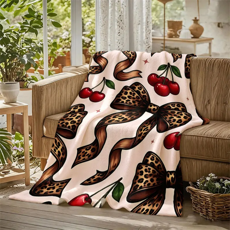 Leopard Cherry Bow Flannel Blanket Warm Soft Halloween Christmas Decorative Couch Warm Cozy All-Season Gift