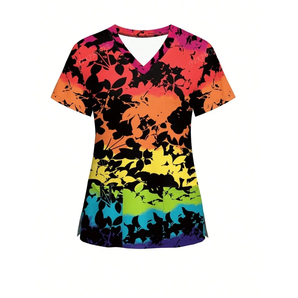 花 3D プリントナース制服花 V ネックポケット看護スクラブトップス女性作業服服オーバーオール医療制服レディース