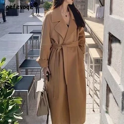 2023 Autumn Winter Women Trendy Lace Up Vintage Simple Woolen Coat Female Korean Oversize Chic Jacket Solid Long Sleeve Overcoat