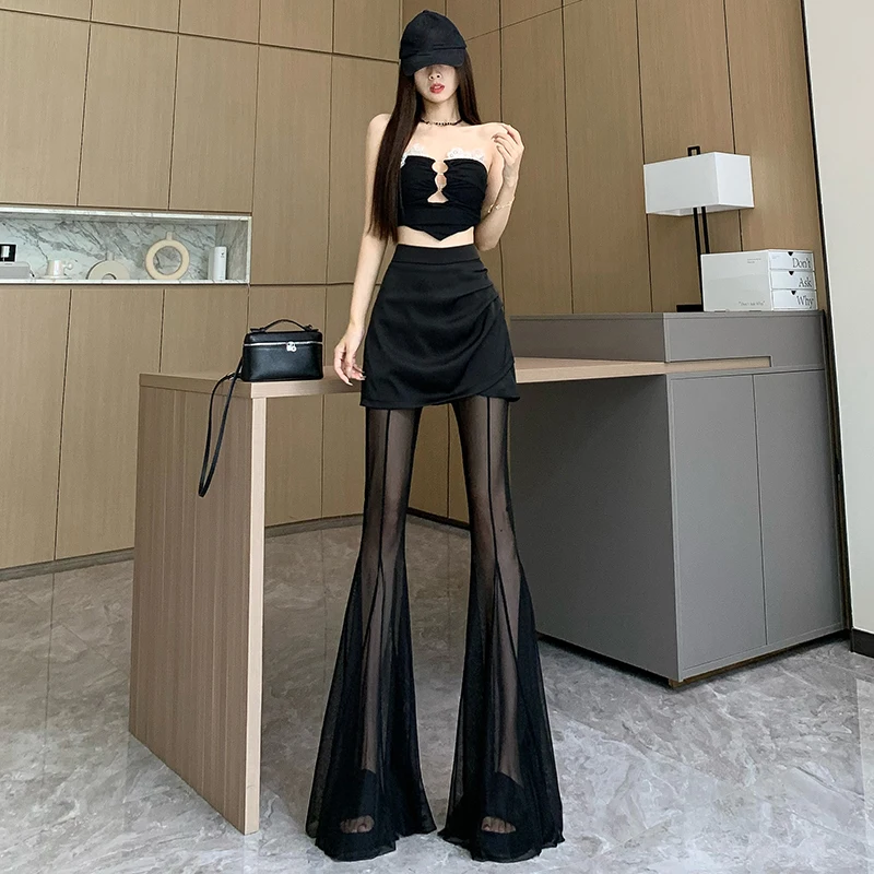 

Y2K Gothic Thin Flare Pants Women Black High Waisted Culottes Fashion Mesh Patchwork Satin Skirt Pants Sexy Pantalones De Mujer