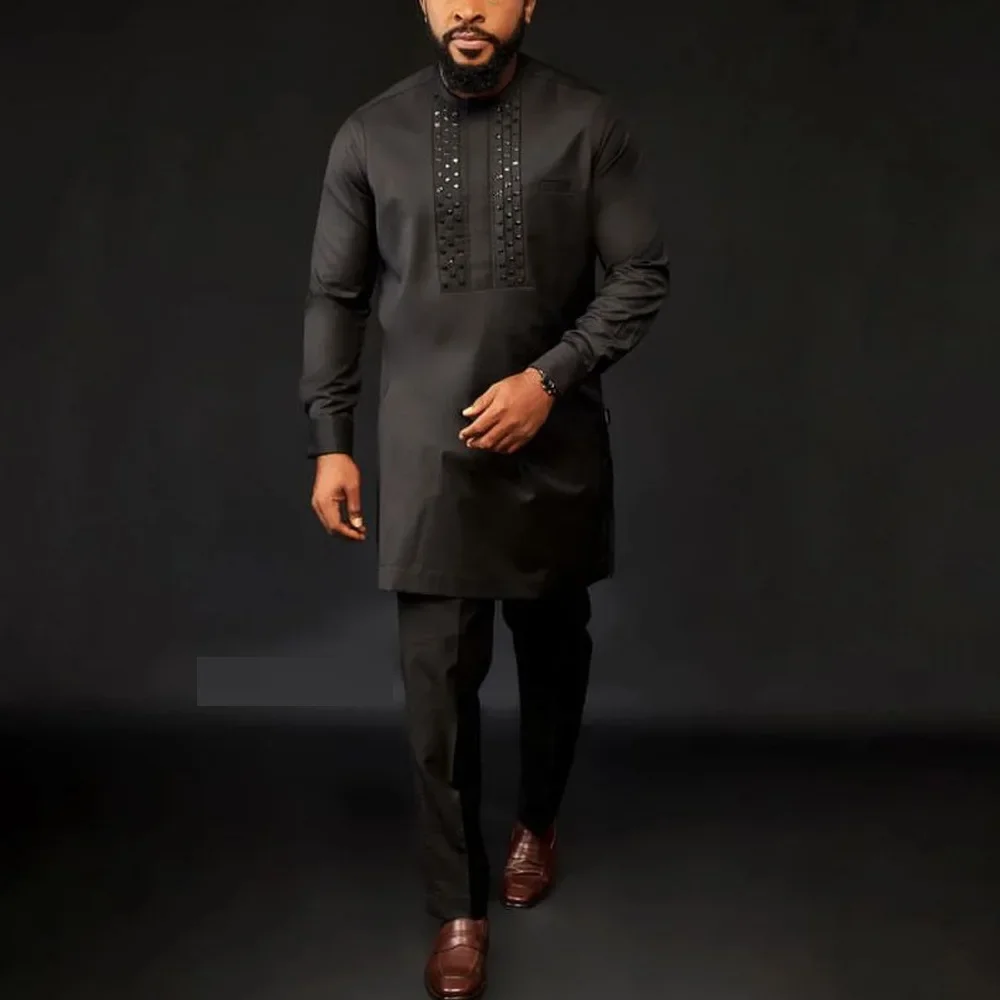 Dashiki Africa Clothing 2 Piece African Clothes for Men Spring Autumn Africa Long Sleeve O-neck Black Top Pant Matching Sets