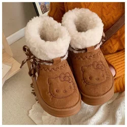 Anime Hellokitty Bow Tie Tied Snow Boots Cute Fashion Warm Cotton Shoes Autumn Winter Thick Soles Comfortable Cotton Shoes