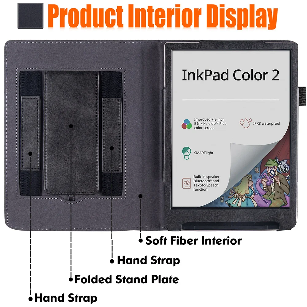 Stand Case for 7.8" PocketBook 743G InkPad 4/PocketBook InkPad Color 2 3 e-Reader - PU Leather Sleeve Cover with Two Hand Strap