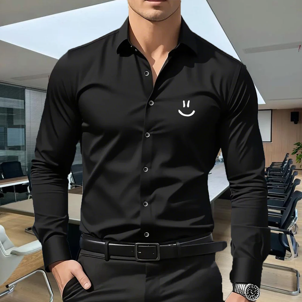 

Men's Luxury Dark Green Business Casual Button-Down Shirt with Smiley Logo, Long Sleeve Blouse for Office & Daily Wear 5 Colors