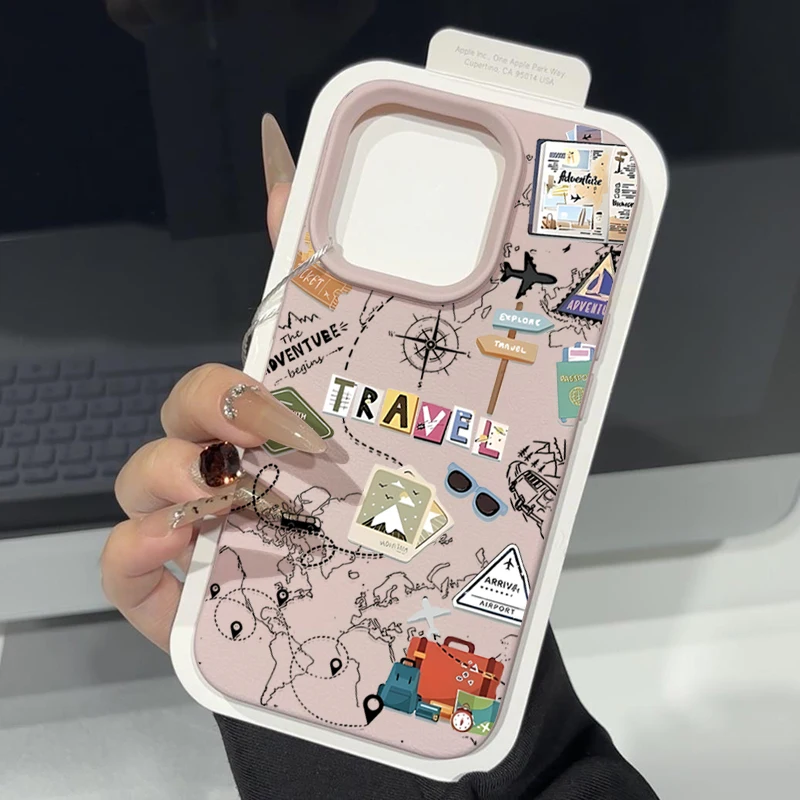 Custodia per telefono modello mappa da viaggio per iPhone 17 Air 16e 16 15 14 Pro Max 13 12 Pro 11 Texture in pelle TPU Cover morbida in silicone Funda
