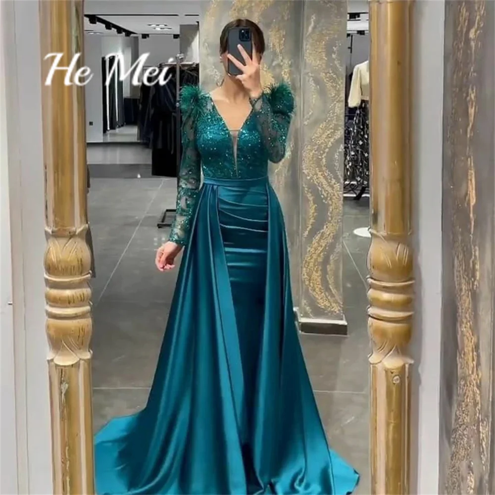 Prom Dress For Women Modern Sexy V-Neck Mermaid Fomal Evening Gowns Long Sleeves Beading Party Dresses فساتين السهرة