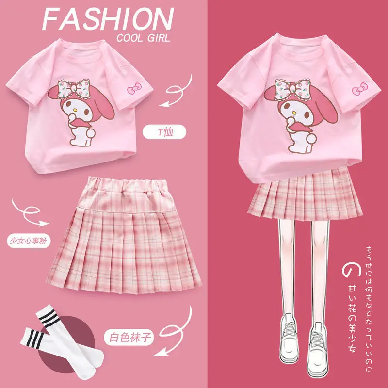 Kawaii sanrioed meine Melodie Kuromi Mädchen Falten rock Set Mode kleid adrette jk Anzug Kurzarm Sommer Mädchen Kleidung Geschenk