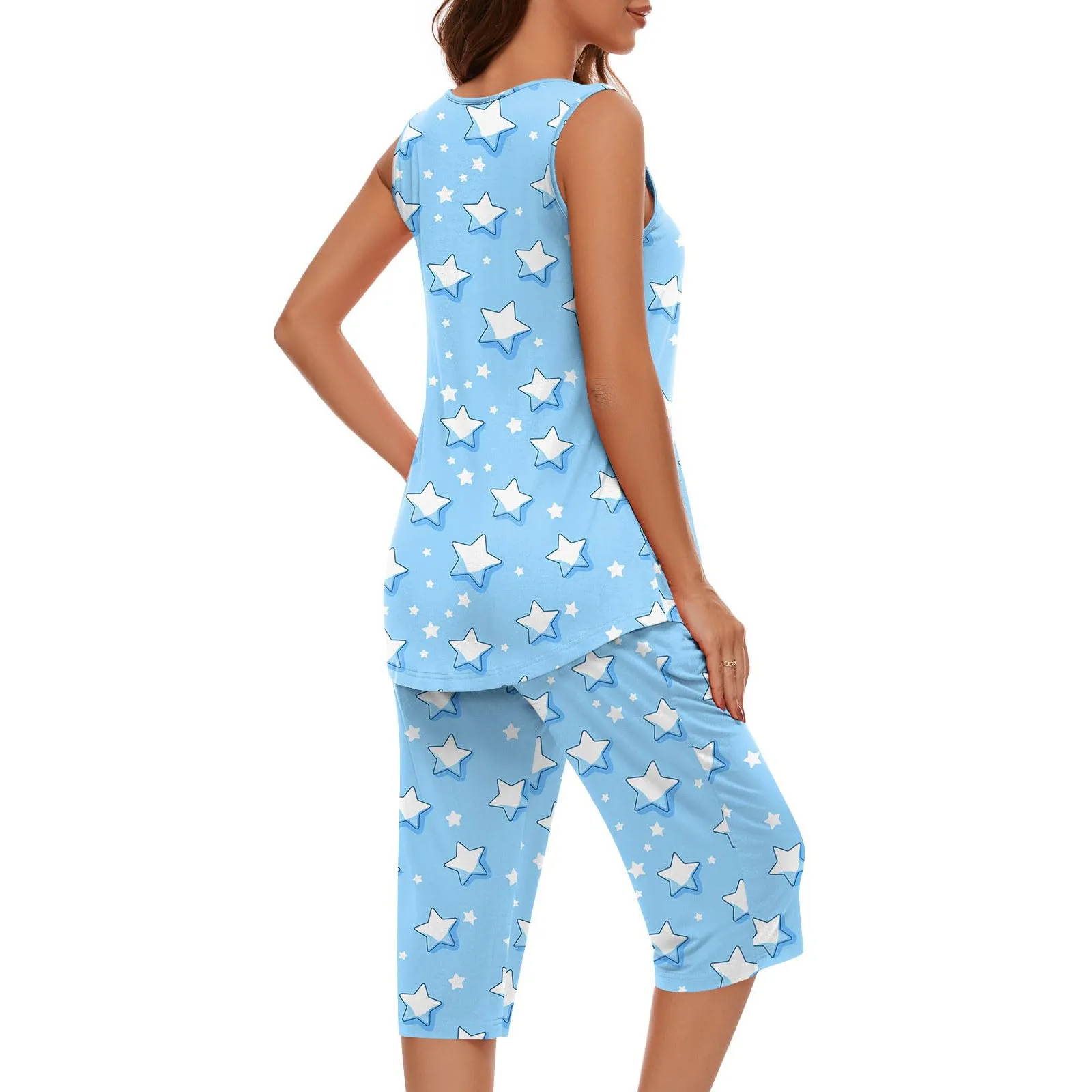 Conjuntos de pijamas para mujer, camisetas sin mangas suaves, pantalones Capri con bolsillo, conjuntos de ropa de dormir, camisón dulce de verano