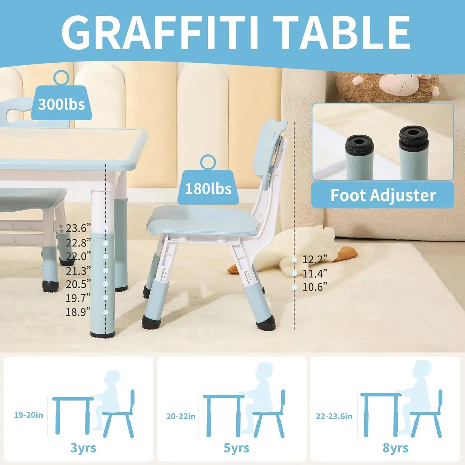 Mesa e cadeiras, conjunto de mesa infantil e 4 cadeiras com mesa graffiti, mesa de estudo infantil ajustável em altura para meninos e meninas