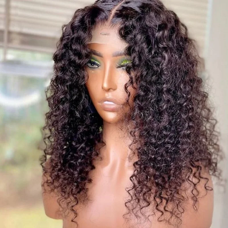 Soft Preplucked Natural Black 26Inch Long 180Density Glueless Kinky Curly Lace Front Wig BabyHair Heat Temperature Daily Cosplay