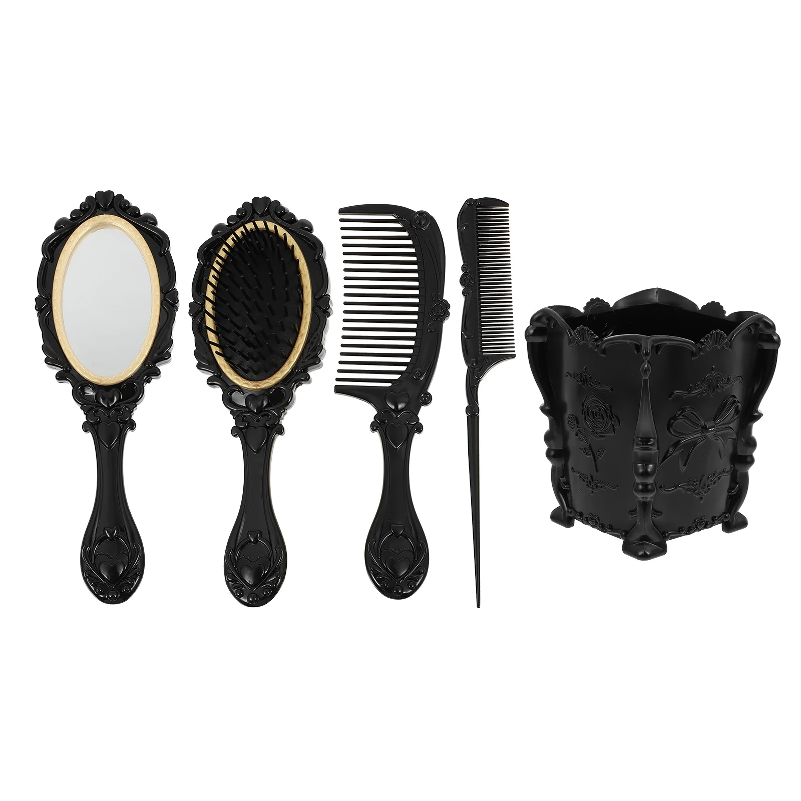 

5 Pcs Dressing Mirror Suit Comb and Holder Round Vanity Hair Brush Organizer Plastic Vintage Girls Travel