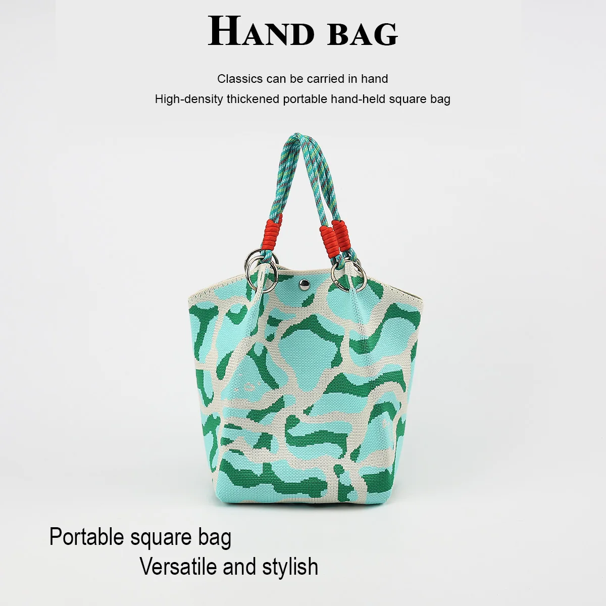 Women's casual handbag, featuring a summer ripple pattern, detachable ring handle, multi-colored rope strap, easy and quick to close, suitable for commuting, shopping, traveling, and outings, can hold a cell phone, wat