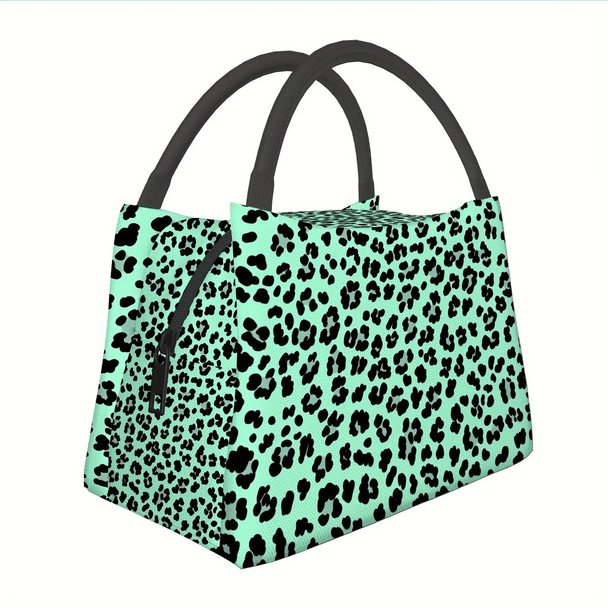 Mint Leopard Print Lunch Tote Bag Insulated Reusable Thermal Food Carrier for Office