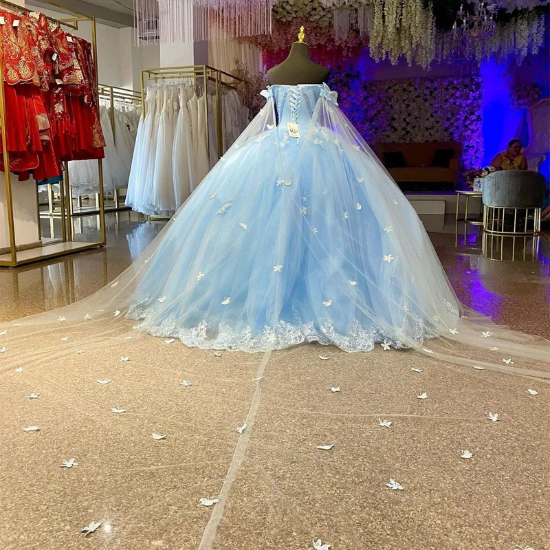 Angelsbridep Sky Blue ชุดไปงานเต้นรำ Quinceanera กับ Cape ไข่มุกหวาน16สาว Brithday ชุดเดรสปาร์ตี้ Vestidos De 15ปี