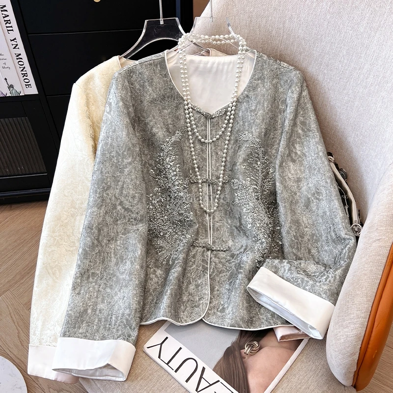 

Осень 2021, новое женское пальто Cheongsam на пуговицах с круглым вырезом и длинными рукавами в китайском стиле, новый свободный жаккардовый костюм Тан, топ, блузка t01