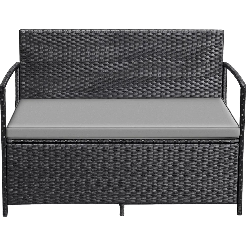 Patio Loveseat PE Rattan Wicker Outdoor Furniture with Soft Cushions & Built-in Storage Space for Lawn Garden Backyard, Black