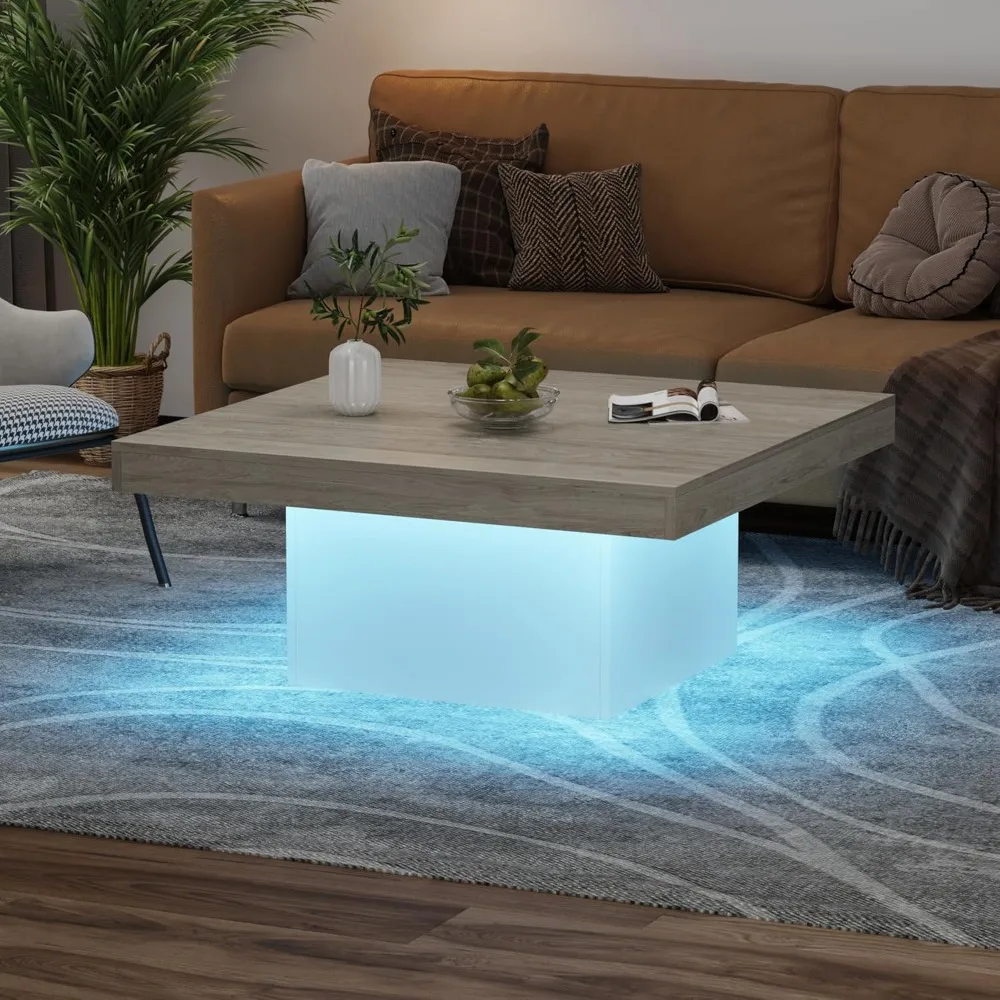 

Square Coffee Table with Led Lights, 35 inch Living Room Tables, Modern Coffee Tables with Plug-in 16-Color LED Light