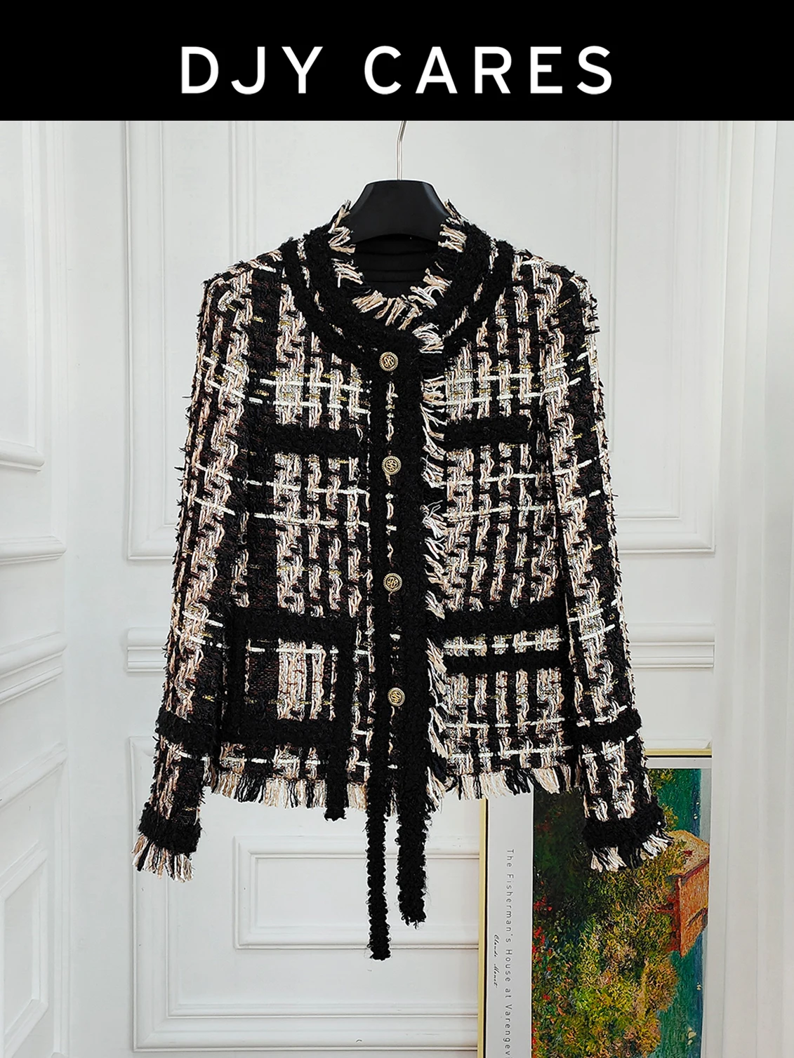 

New Coarse tweed heavy tassel jacket top big size E054