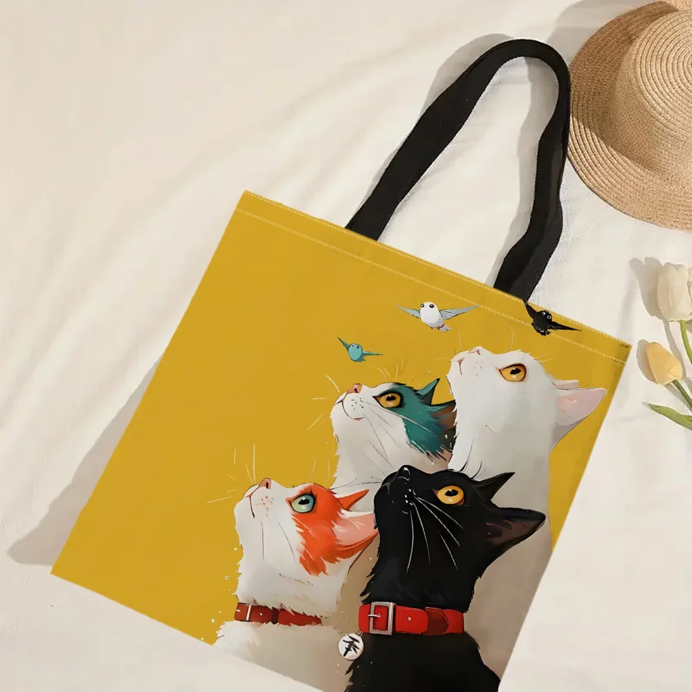 1 Stück gestapelte Katzenhandtasche, wiederverwendbare modische Handtasche, multifunktionale Handtasche, bedruckte Einkaufstasche aus Segeltuch – Detail 3