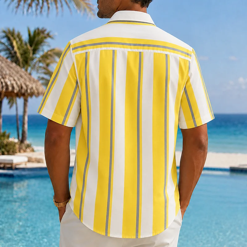 Men's Casual Striped Short Sleeve Shirt Summer Breathable Comfortable Soft Button-Up Classic Collar Color-Blocked Striped Shirt