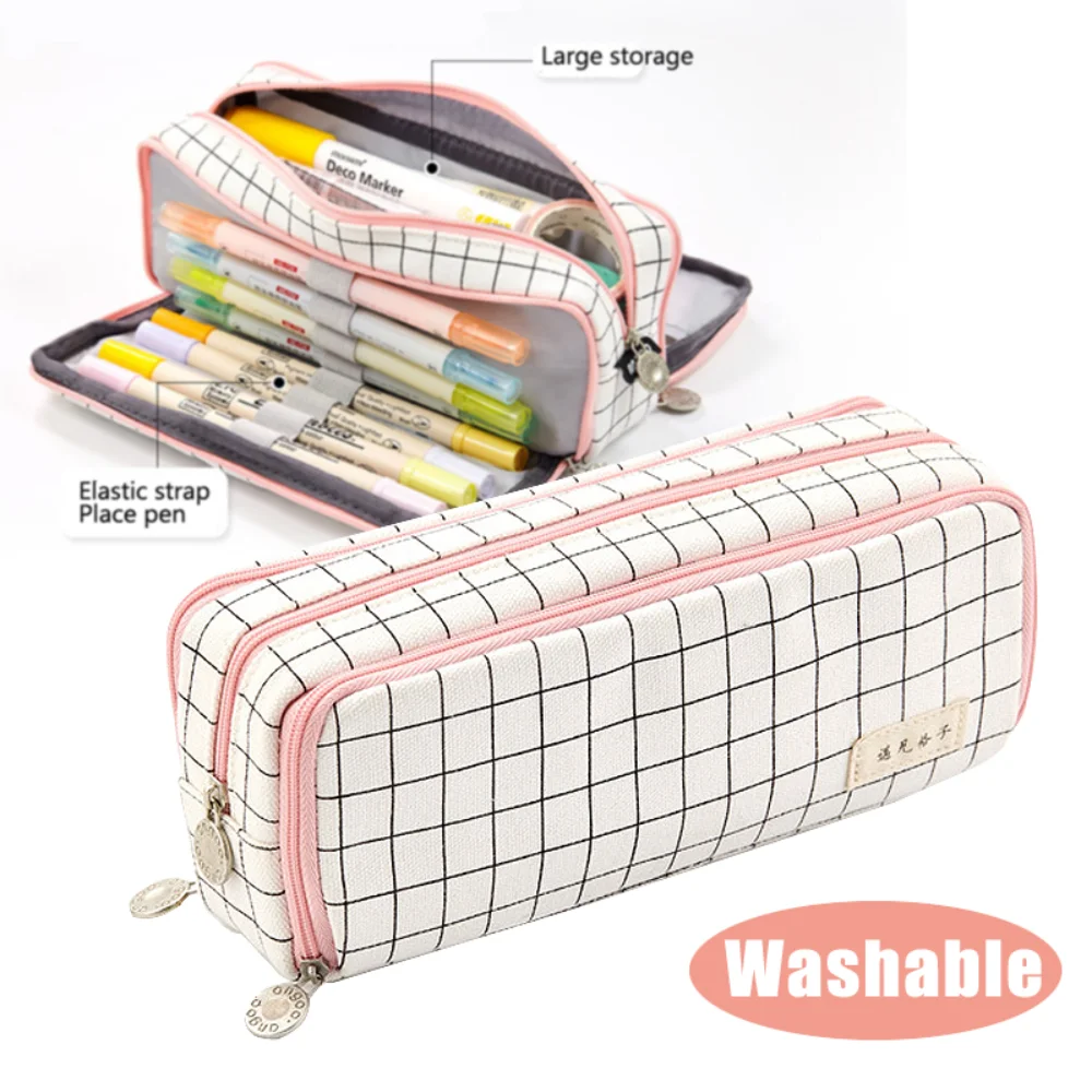 Kawaii School Pencil Bag Solid Color Canvas Multilayer Big Capacity Pencil Box Cute Pensil Case Pencil Case Stationery Pouch