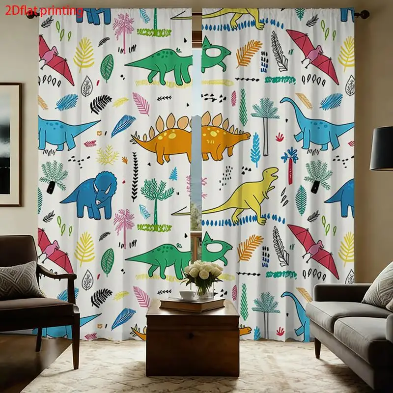 Cartoon Dinosaur Curtain 2 Panels, Colorful Dino Palm Leaf Simple Line White Base Print, Drapes for Bedroom Kids Decor Curtain