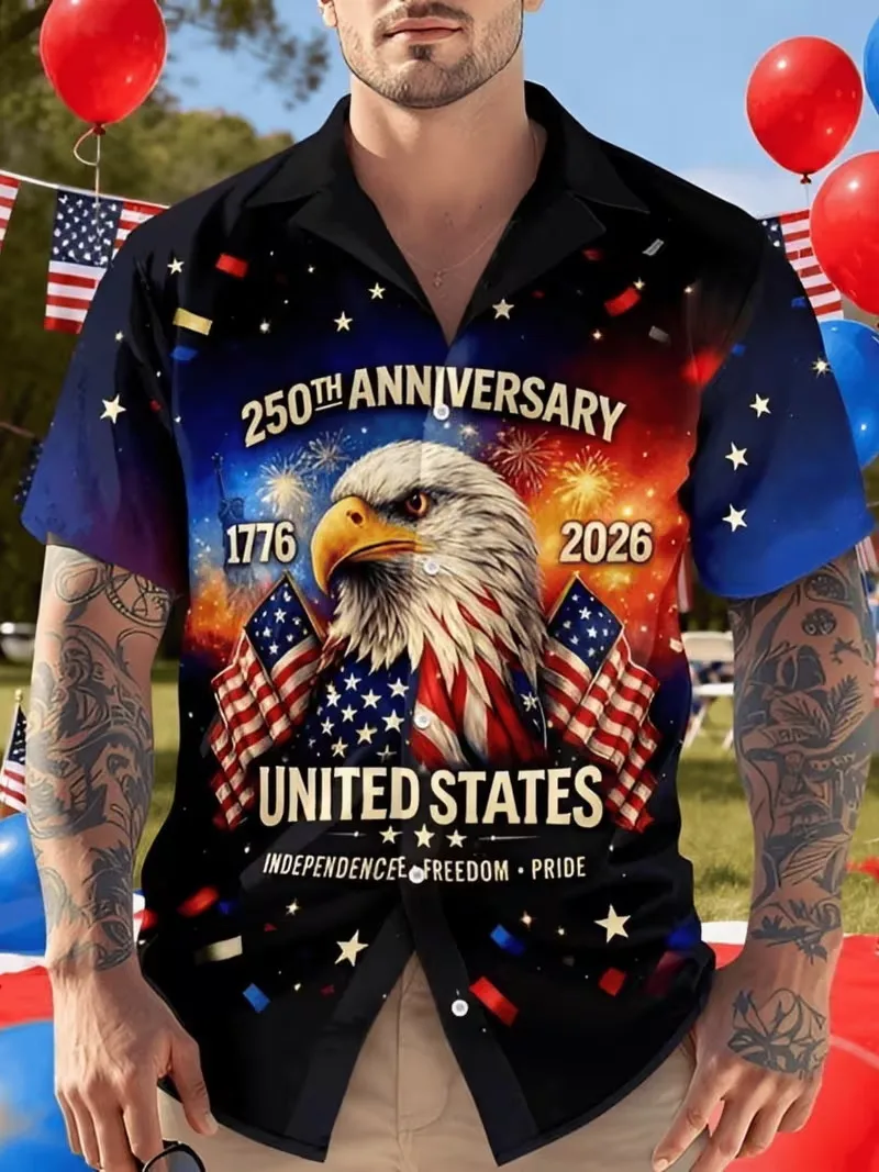 Men's 250th Anniversary US Independence Day Hawaiian Shirt Bald Eagle American Flag Print Short Sleeve Button Down Party Shirt