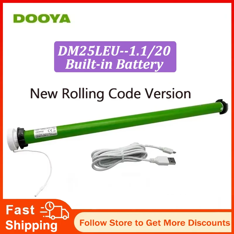 

Трубчатый мотор DOOYA DM25LEU со встроенным литиевым аккумулятором для рулонных штор, управление с помощью пульта RF433, для диаметра. Трубка 38 мм, зарядка через USB