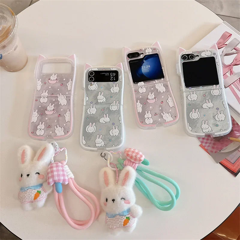 

Plush Rabbit Lanyard Phone Case for Samsung Galaxy Z Flip 6 5 4 3 Protective Back Cover for ZFlip4 ZFlip5 ZFlip6 Case