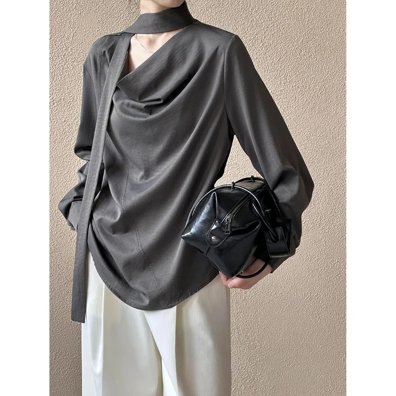 Women Clothing Spring Autumn Vintage Loose Pleated Blouse Long Sleeve Solid Simplicity Elegant Shirt Tops Temperament Fashion